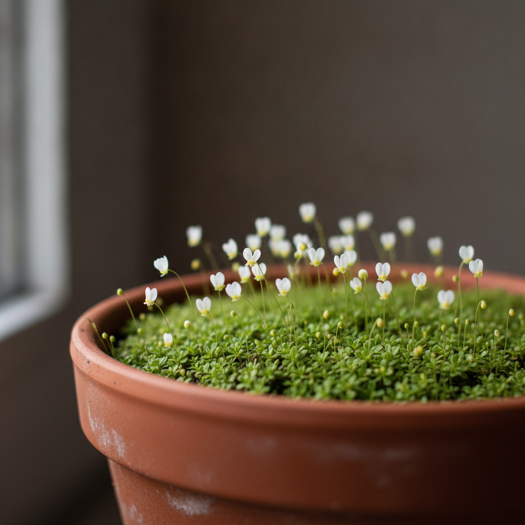Utricularia sandersonii als niedriger grüner Blättchenteppich in einem Terrakottatopf, darüber weiße Blüten auf dünnen Stielen