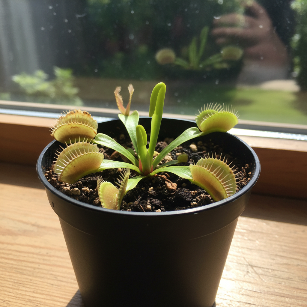 Venusfliegenfalle mit mehreren offenen Fallen in einem schwarzen Anzuchttopf auf einer hellen Fensterbank vor einem Garten