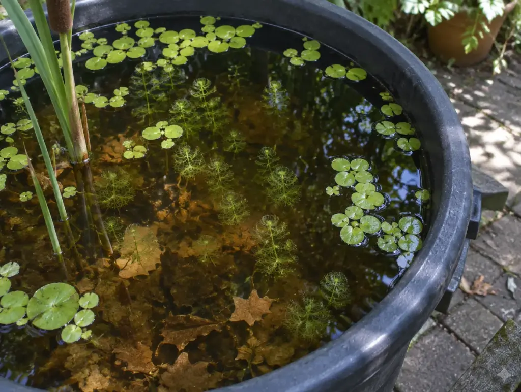 Dunkle Kunststoffwanne mit torfbraunem Wasser im Garten, darin schwimmen mehrere Wasserfallen (Aldrovanda) mit Quirlen aus feinen grünen Blättern, dazwischen Froschbiss, Laub und ein Rohrkolben am Rand