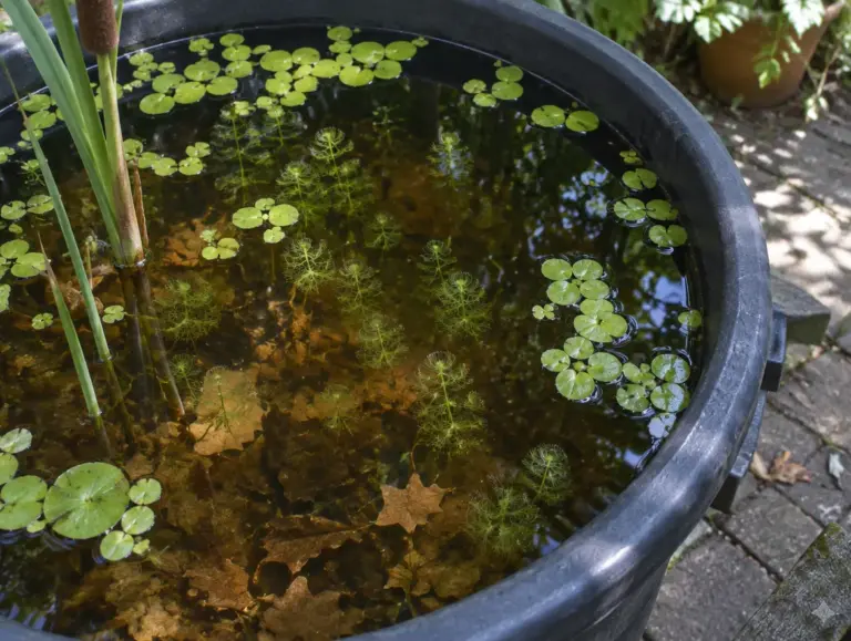 Dunkle Kunststoffwanne mit torfbraunem Wasser im Garten, darin schwimmen mehrere Wasserfallen (Aldrovanda) mit Quirlen aus feinen grünen Blättern, dazwischen Froschbiss, Laub und ein Rohrkolben am Rand