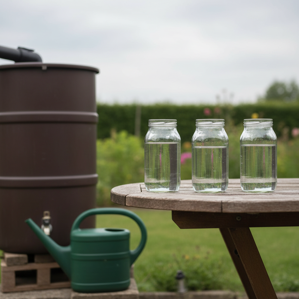 Drei klare Gläser mit Wasser auf einem Gartentisch neben einer Regentonne und einer grünen Gießkanne